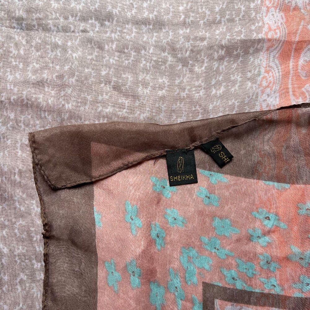 Sheer Floral Peach Brown Aqua Sheikha Head Scarf Shawl Rectangle - Picture 3 of 5